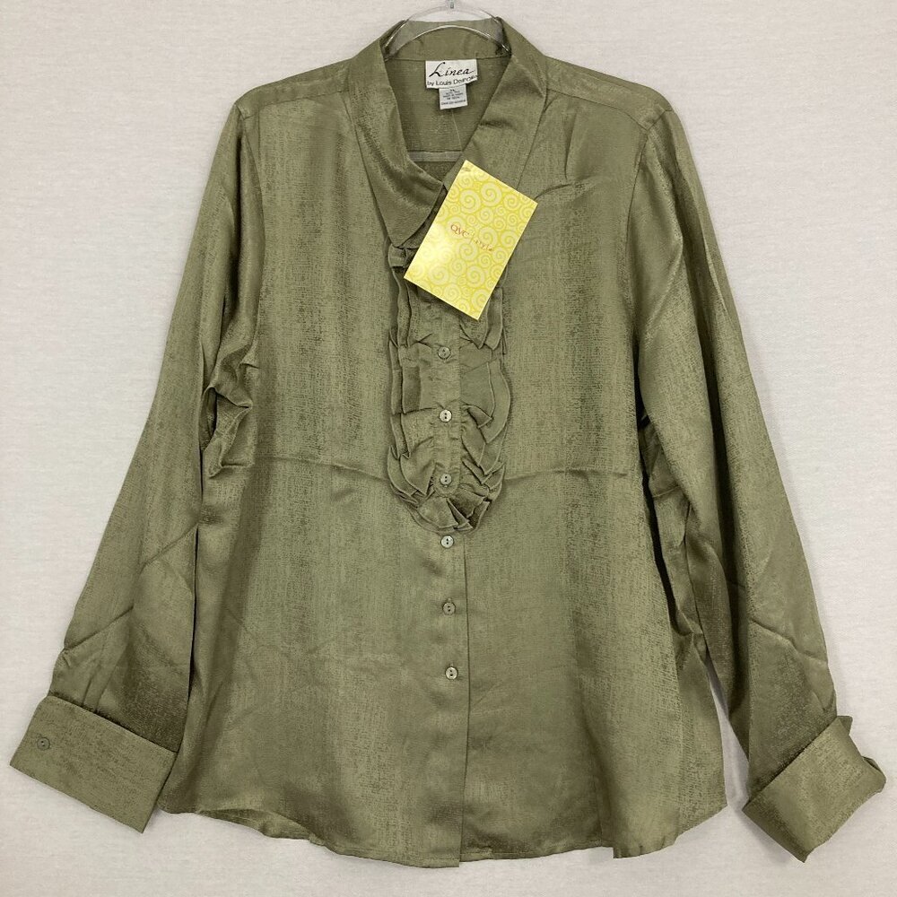 New Linea by Louis Dell'Olio Green Silk QVC Ruffle Artsy Textured Button Down XL